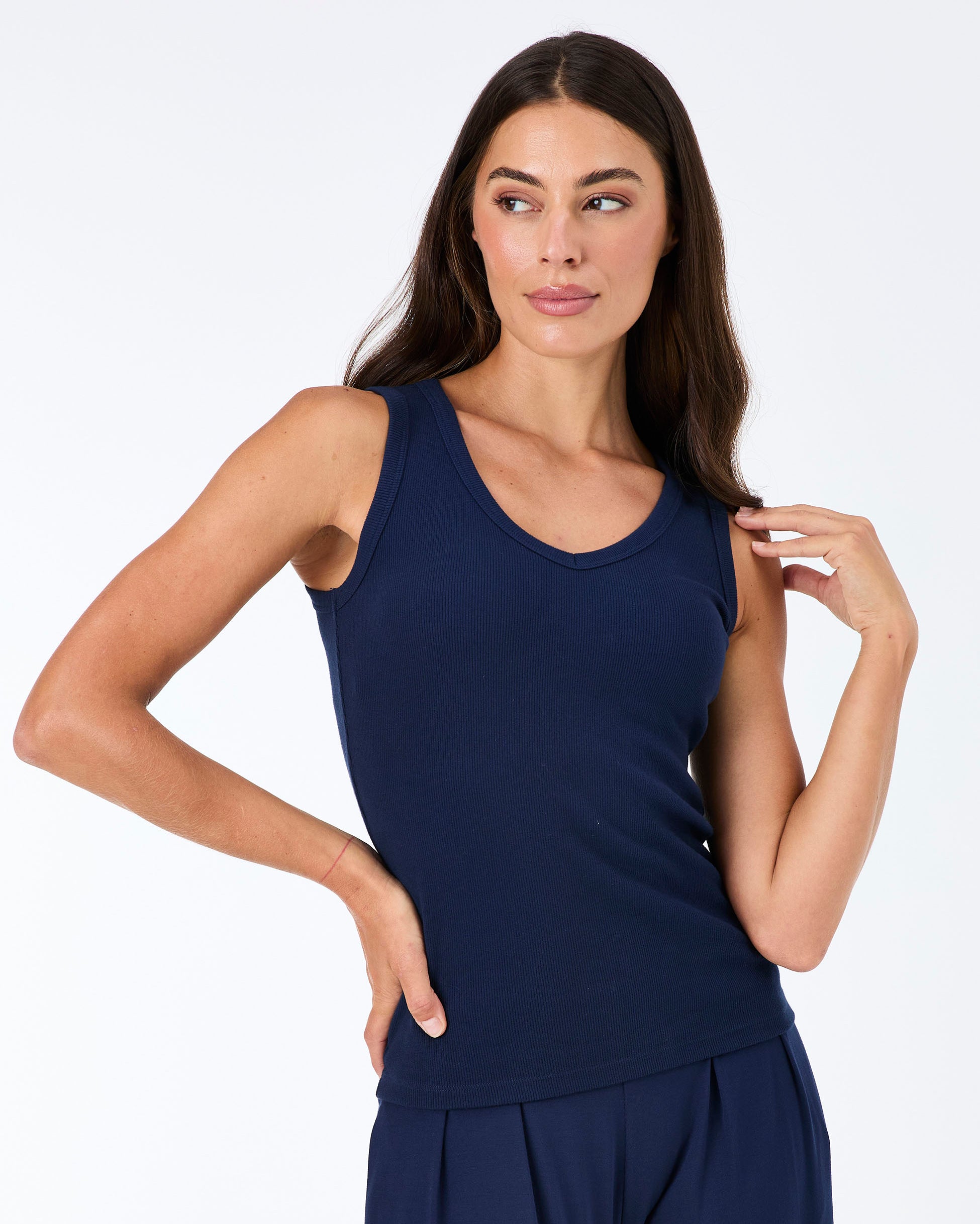 V neck Rib Tank - Navy