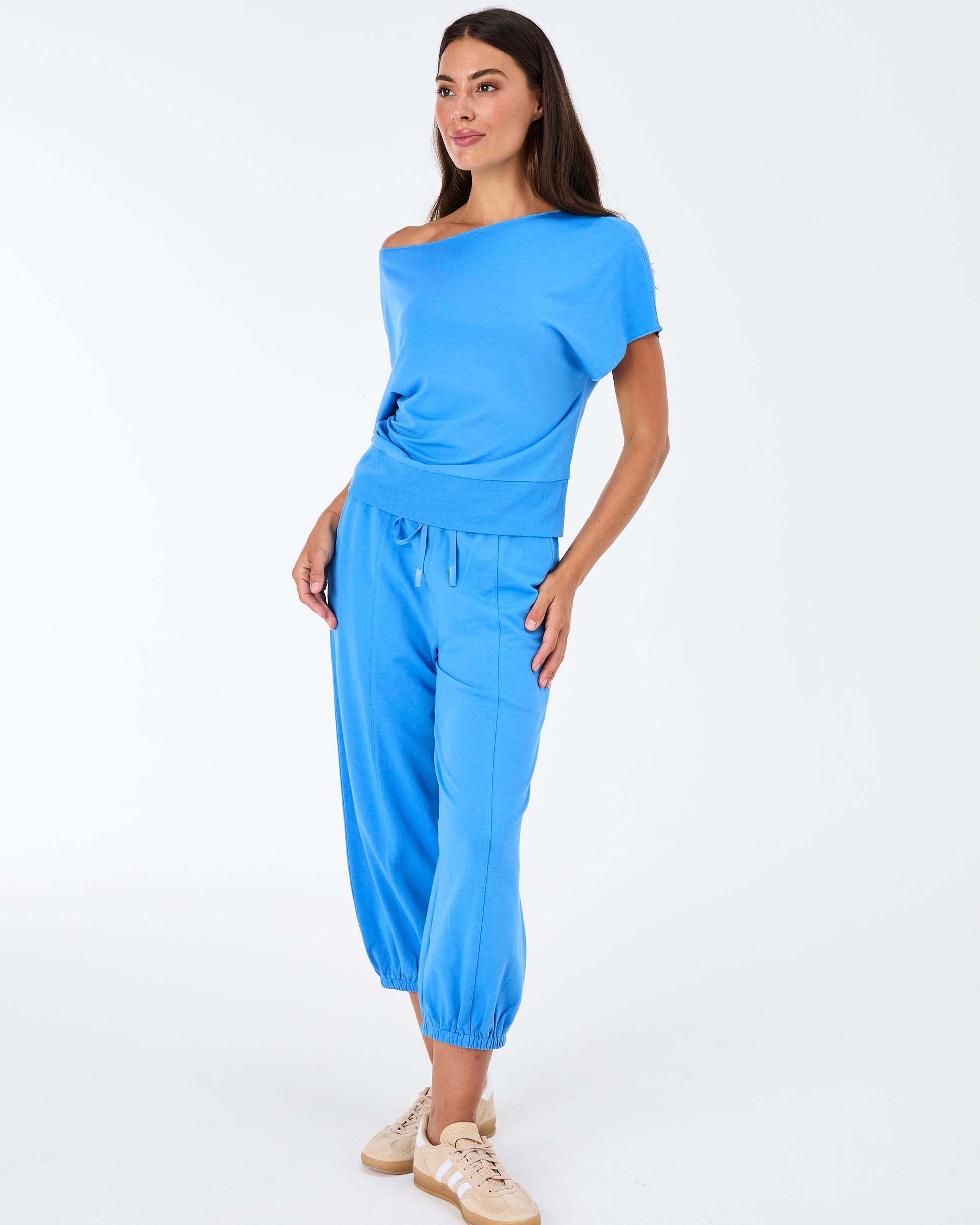 French Terry Short Sleeve Off Shoulder Sweatshirt - Cobalt