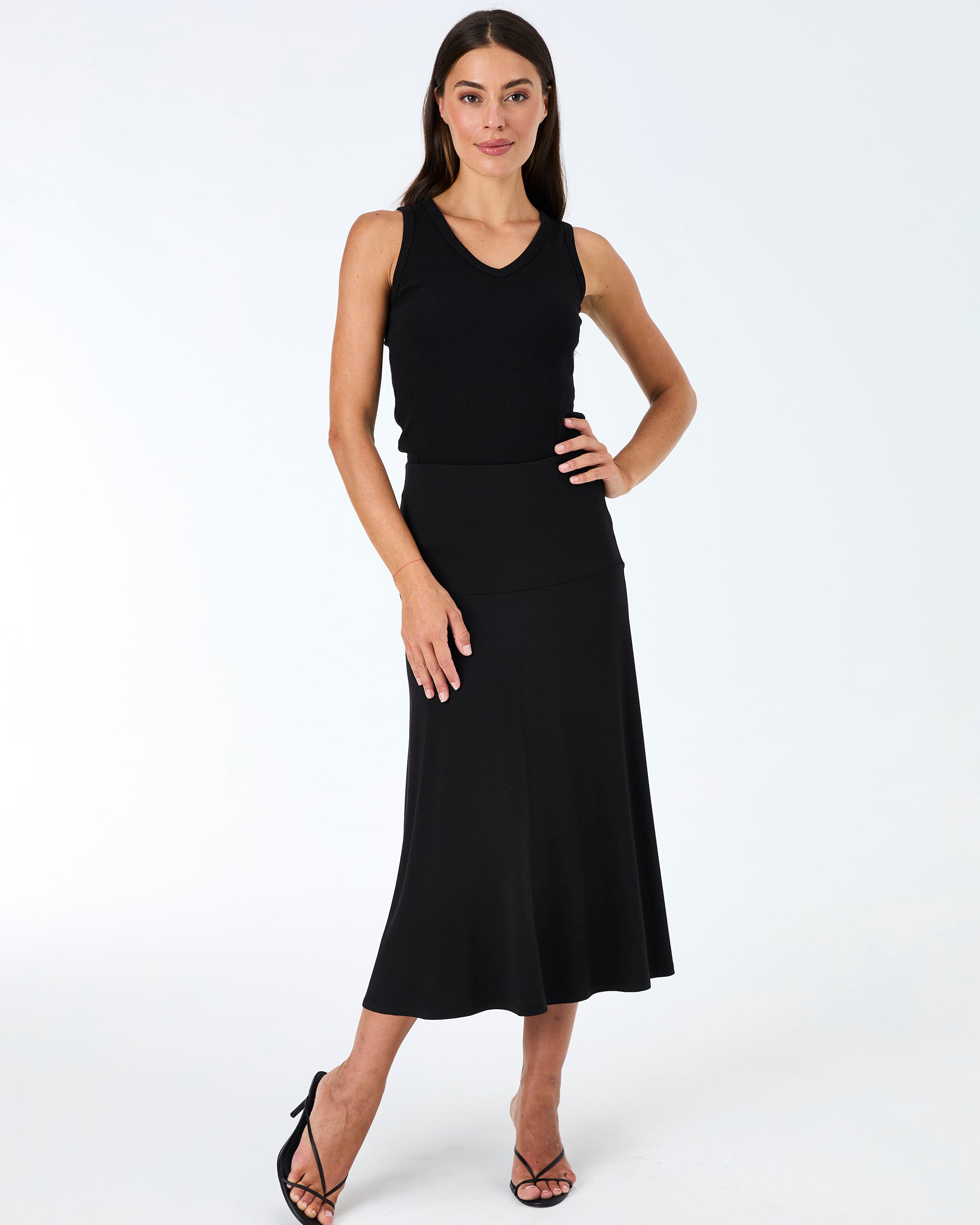 V neck Rib Tank - Black