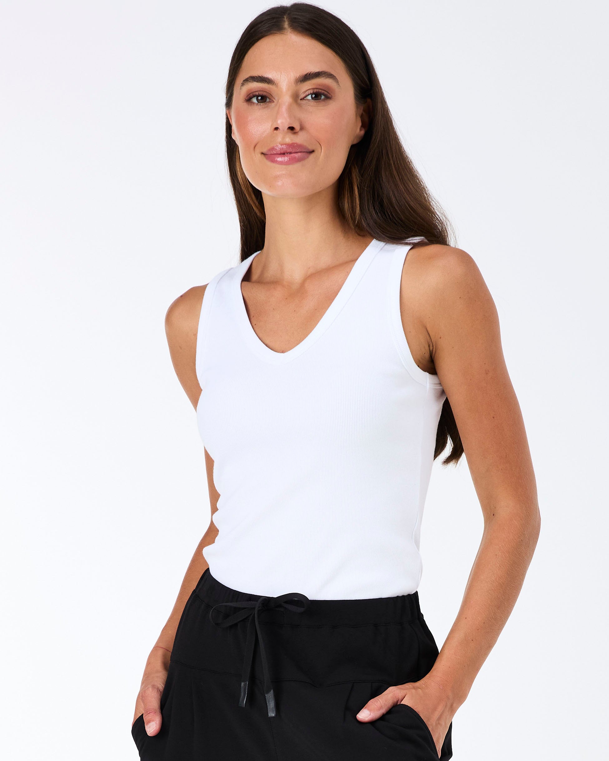 V neck Rib Tank - White