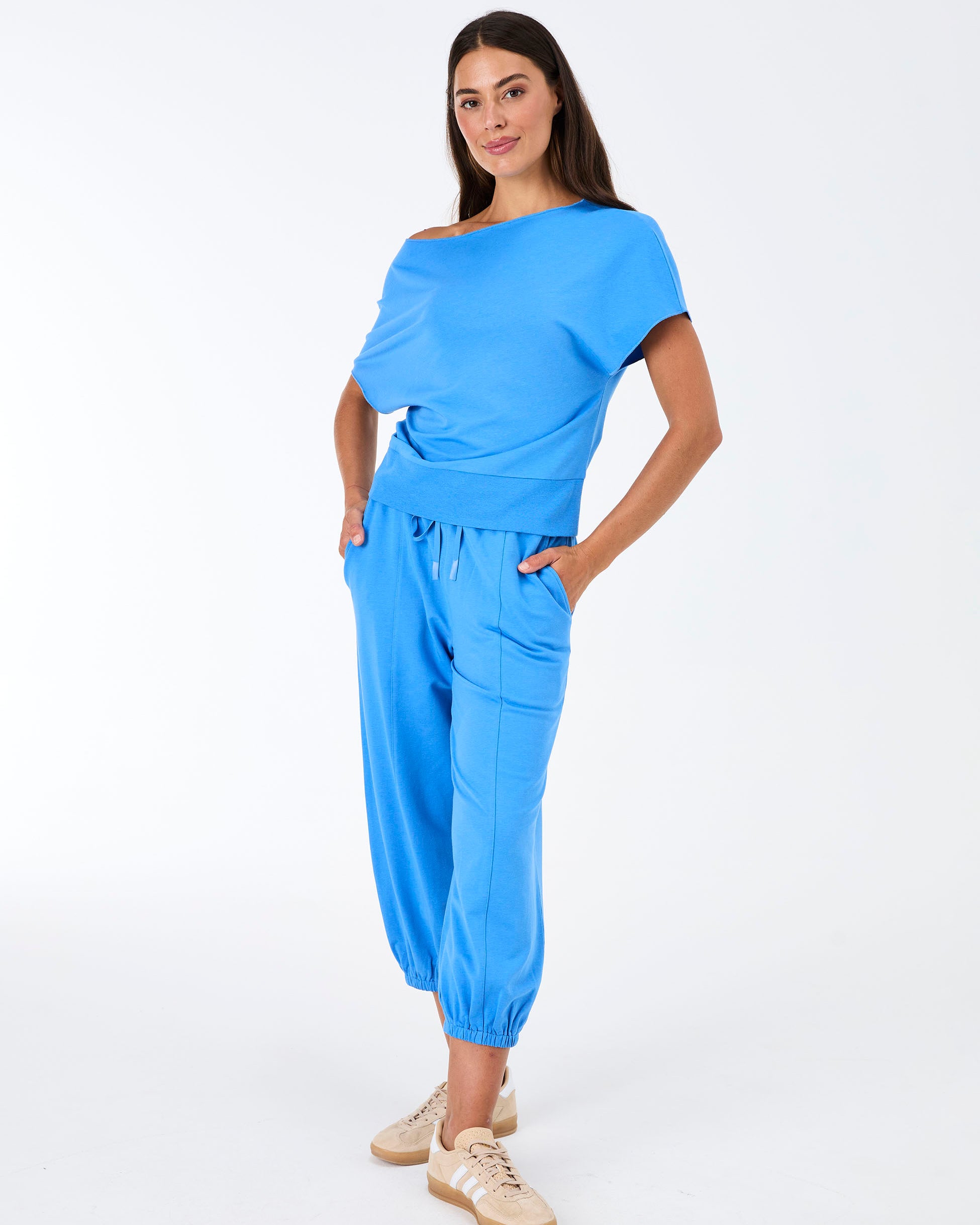 French Terry Short Sleeve Off Shoulder Sweatshirt - Cobalt