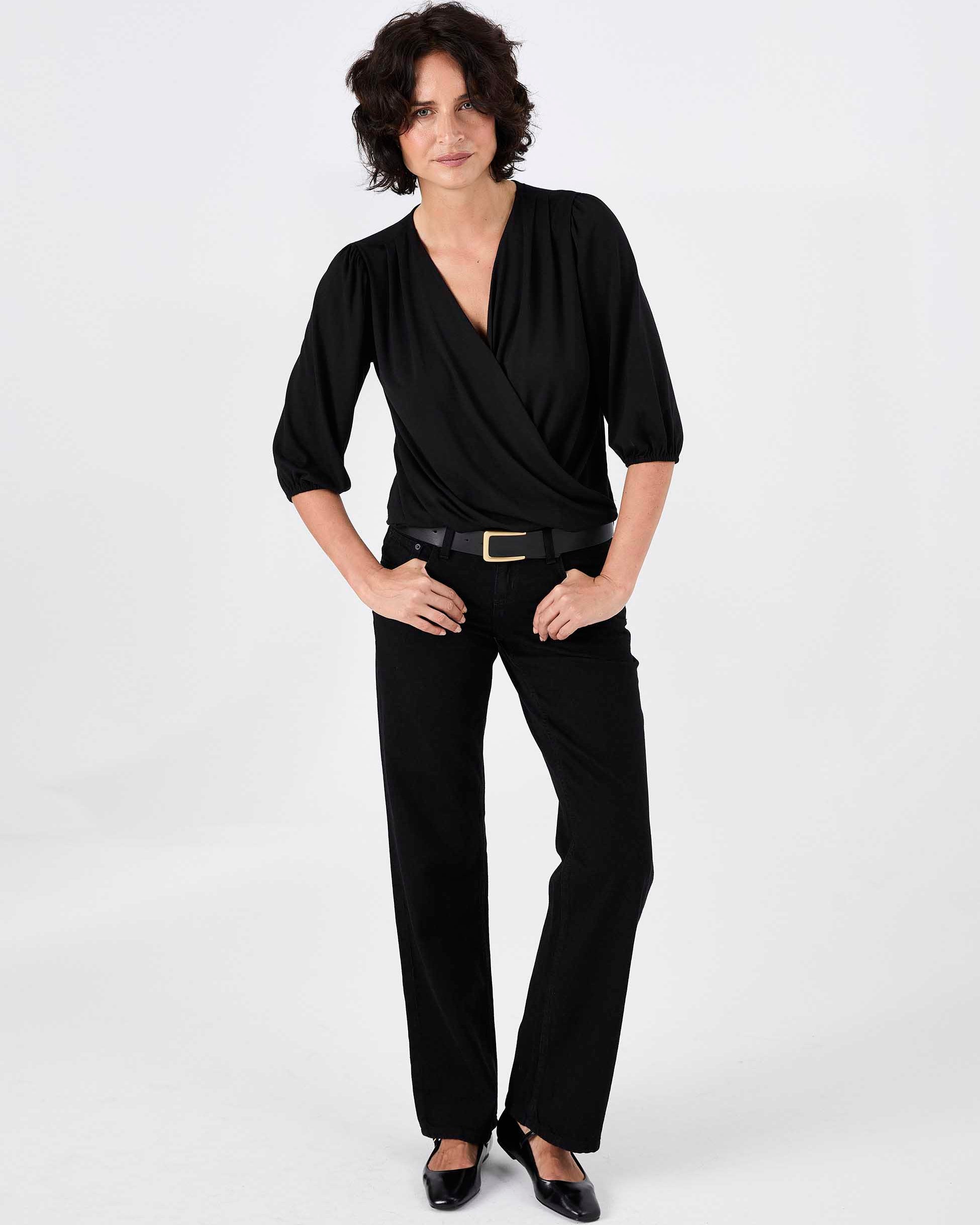 Athena 7/8 Sleeve Drape Top - Black