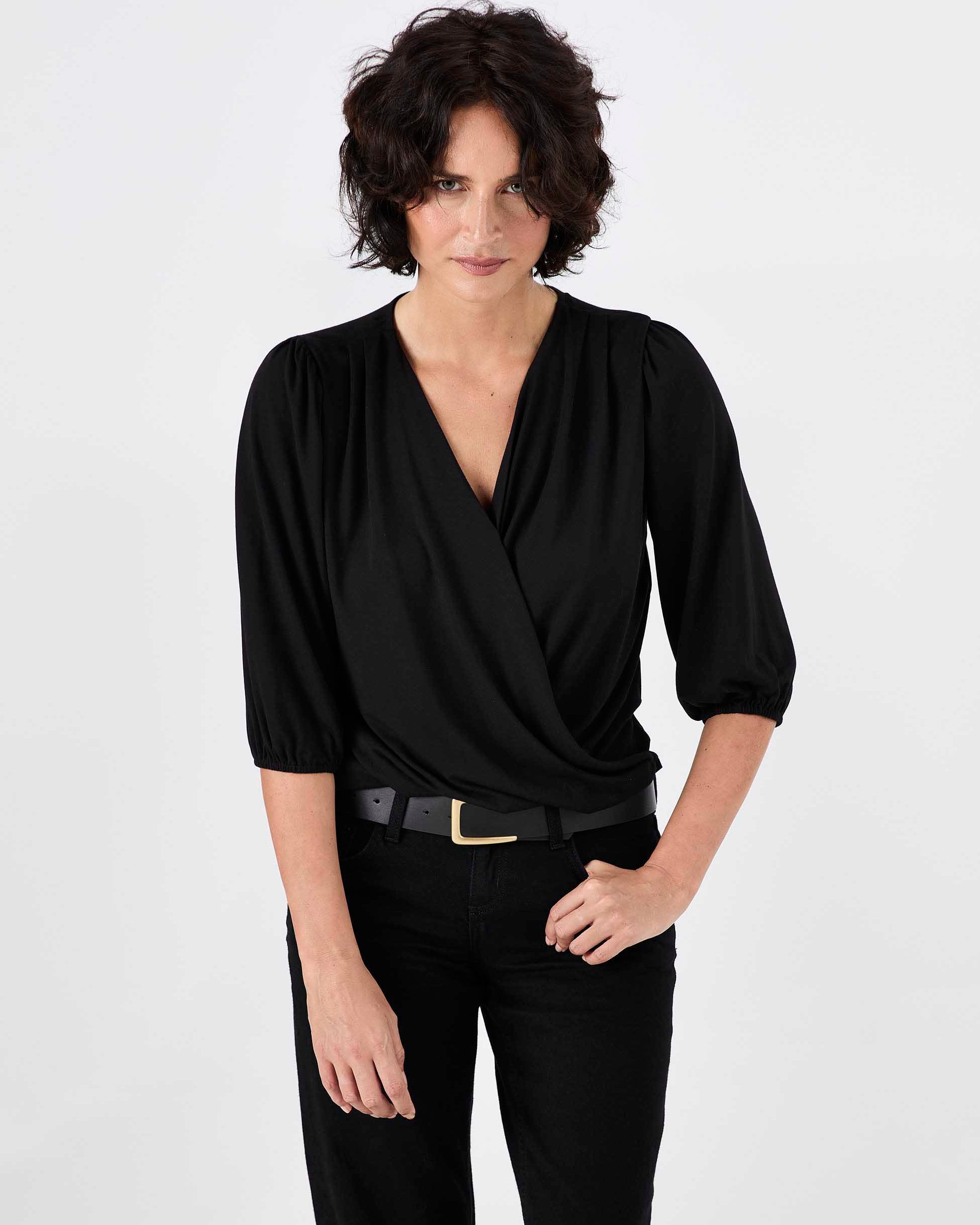 Athena 7/8 Sleeve Drape Top - Black