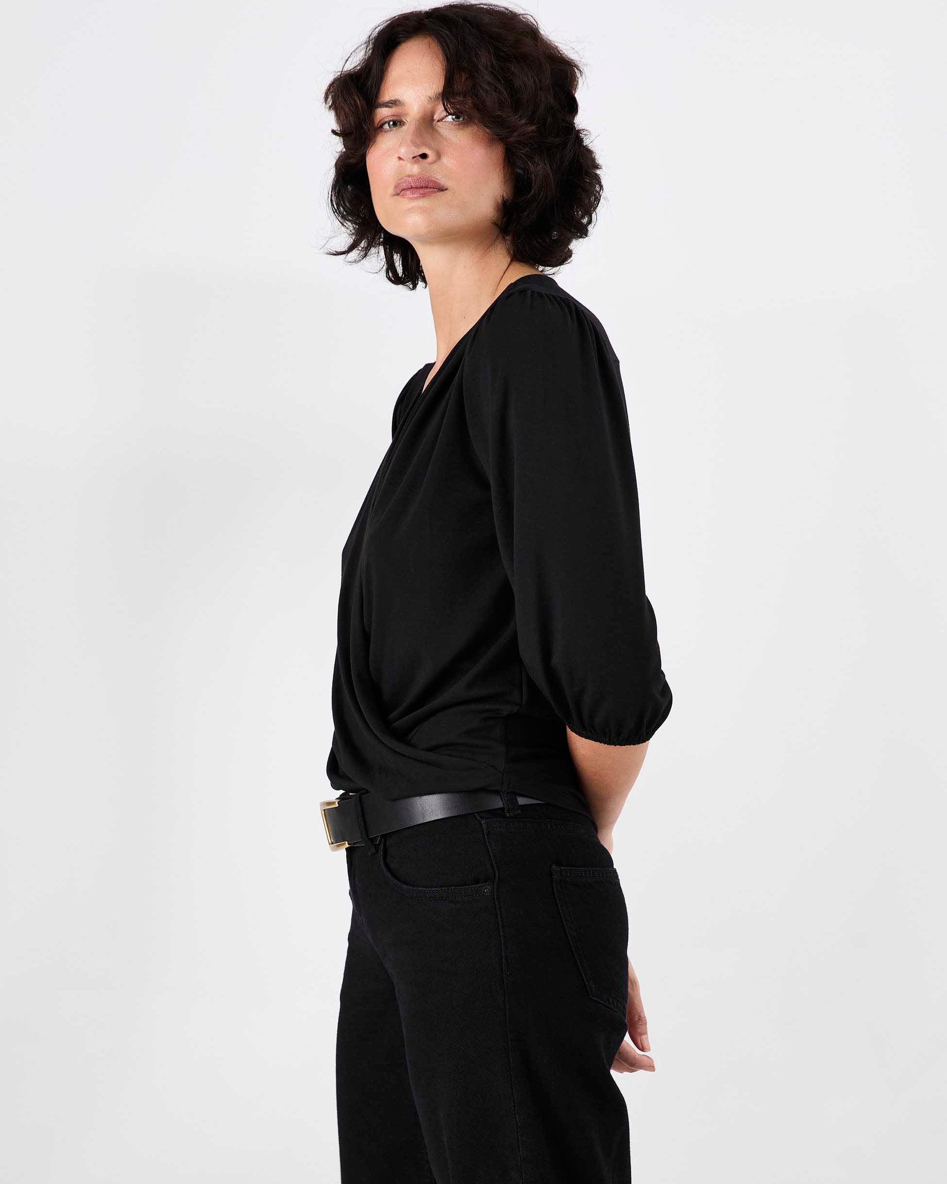 Athena 7/8 Sleeve Drape Top - Black