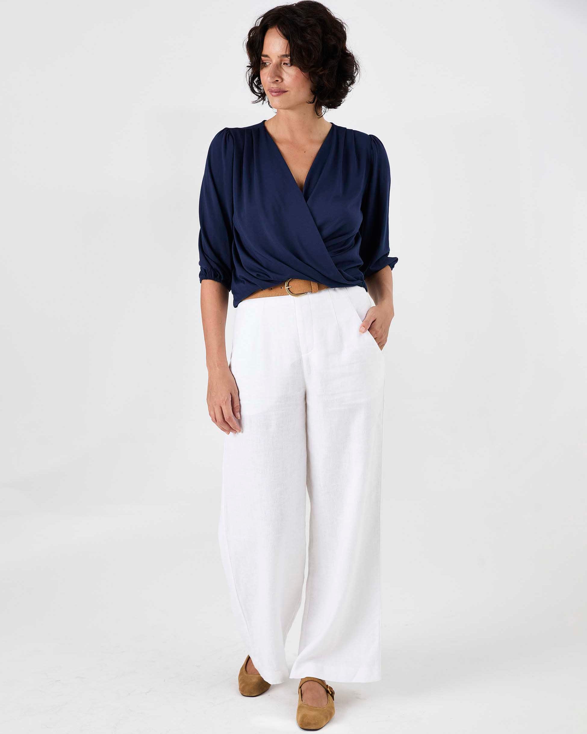 Athena 7/8 Sleeve Drape Top - Navy