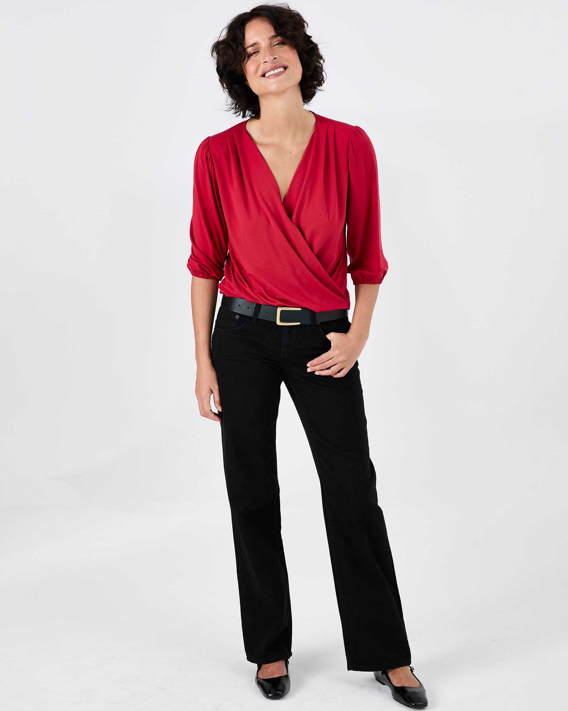 Athena 7/8 Sleeve Drape Top - Cherry