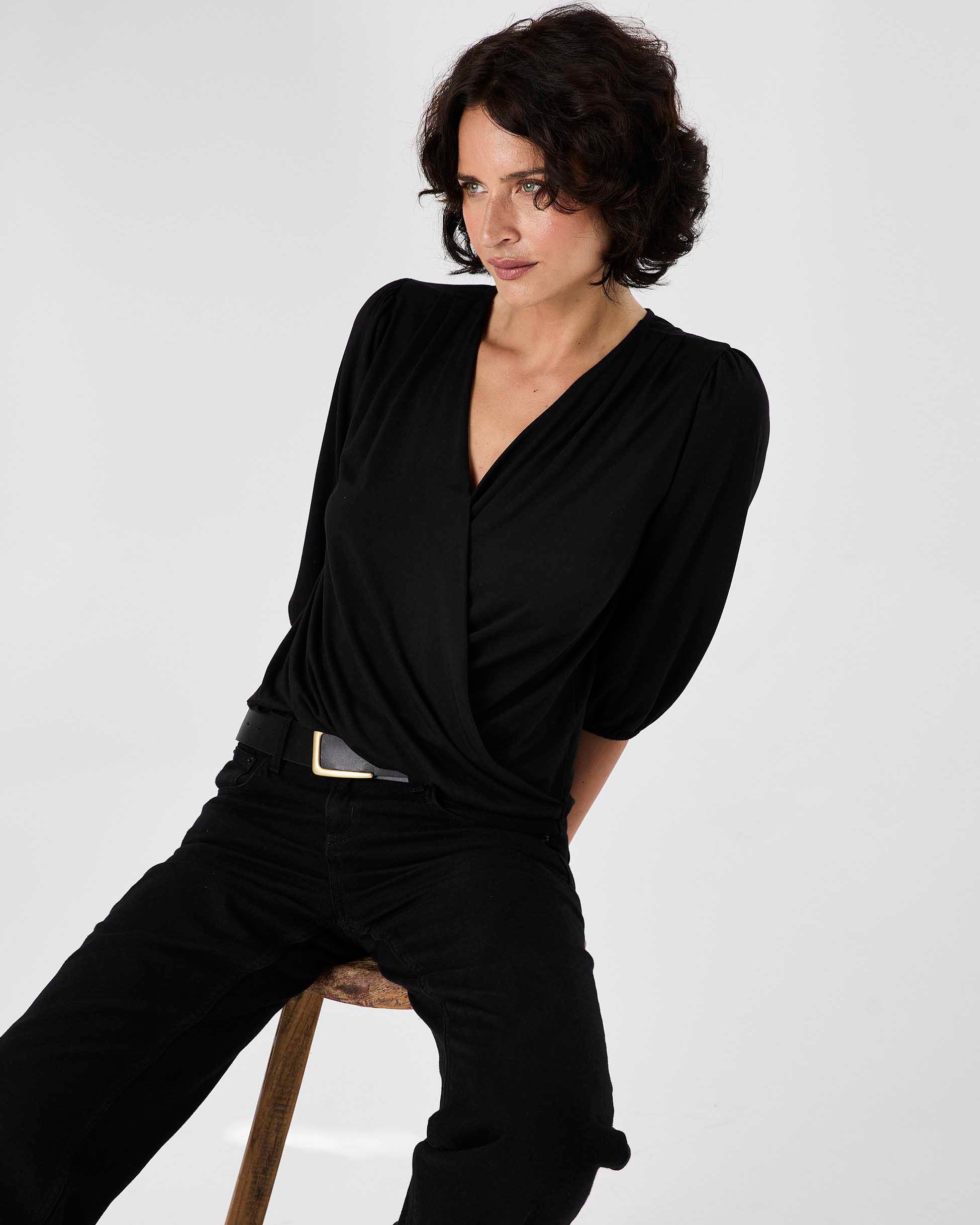 Athena 7/8 Sleeve Drape Top - Black