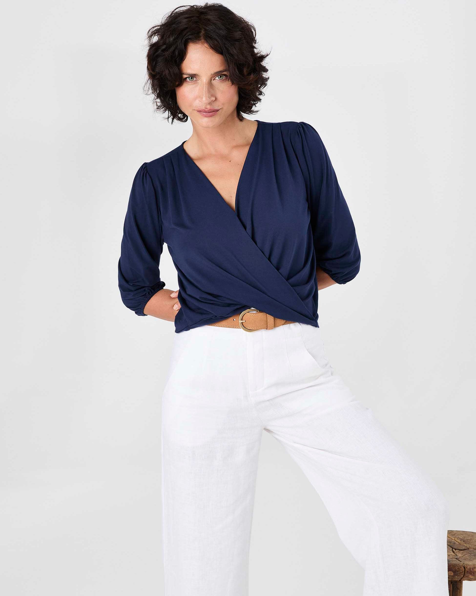 Athena 7/8 Sleeve Drape Top - Navy