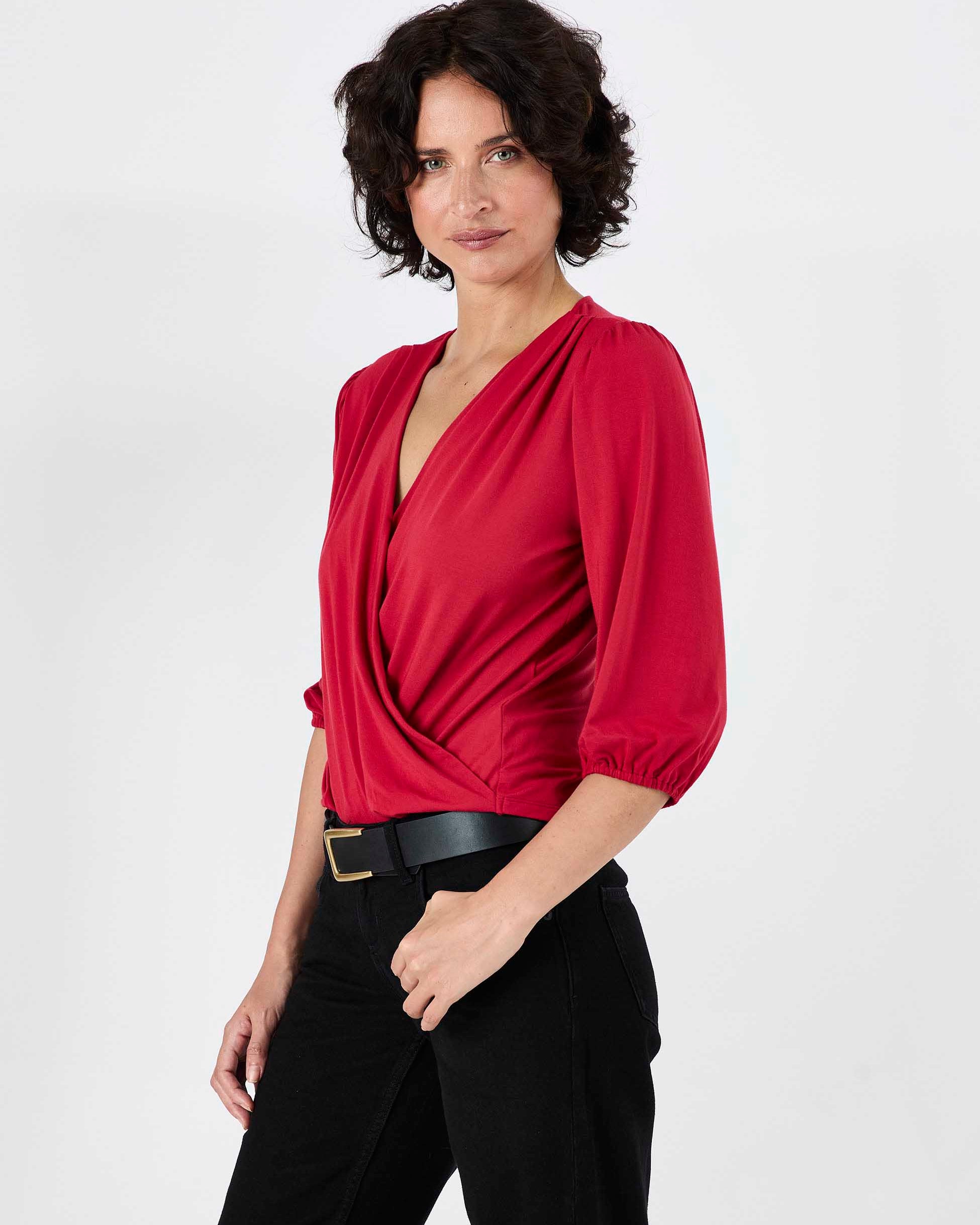 Athena 7/8 Sleeve Drape Top - Cherry