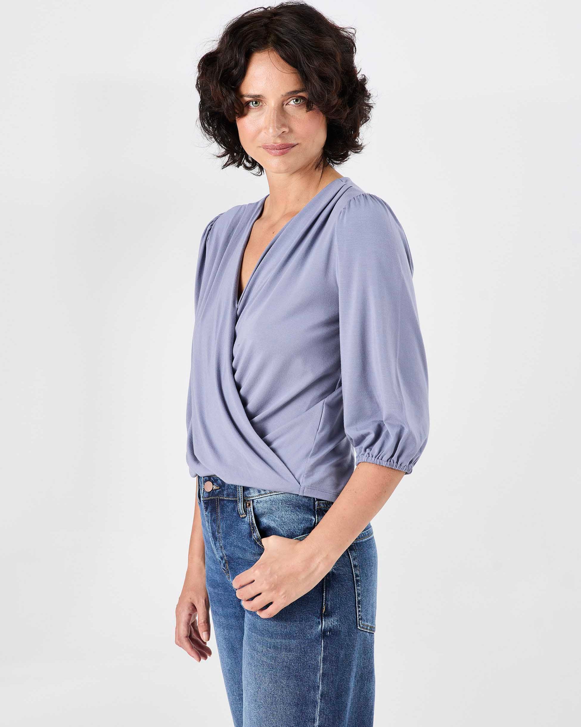 Athena 7/8 sleeve Drape Top - Quartz Blue