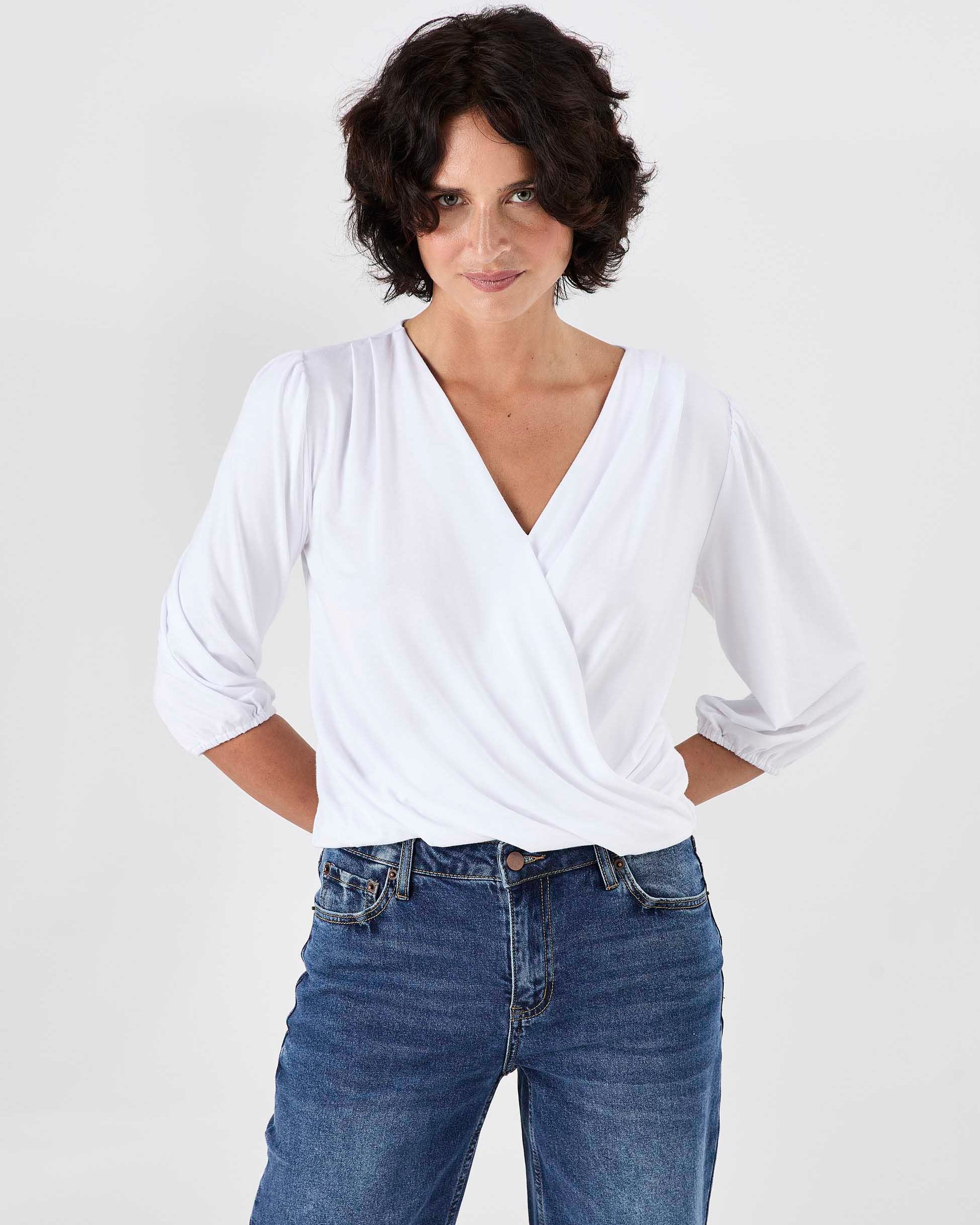 Athena 7/8 Sleeve Drape Top - White