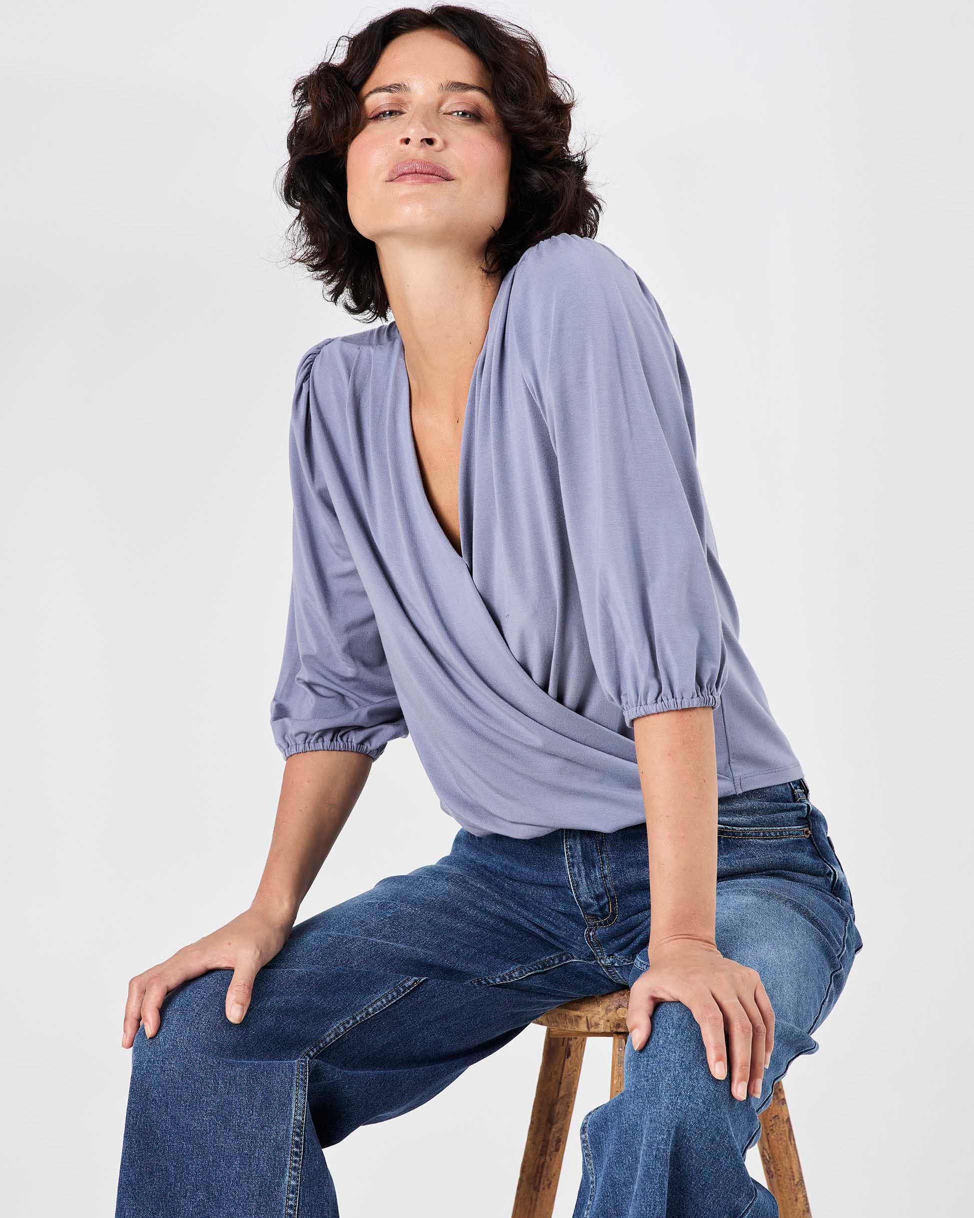 Athena 7/8 sleeve Drape Top - Quartz Blue