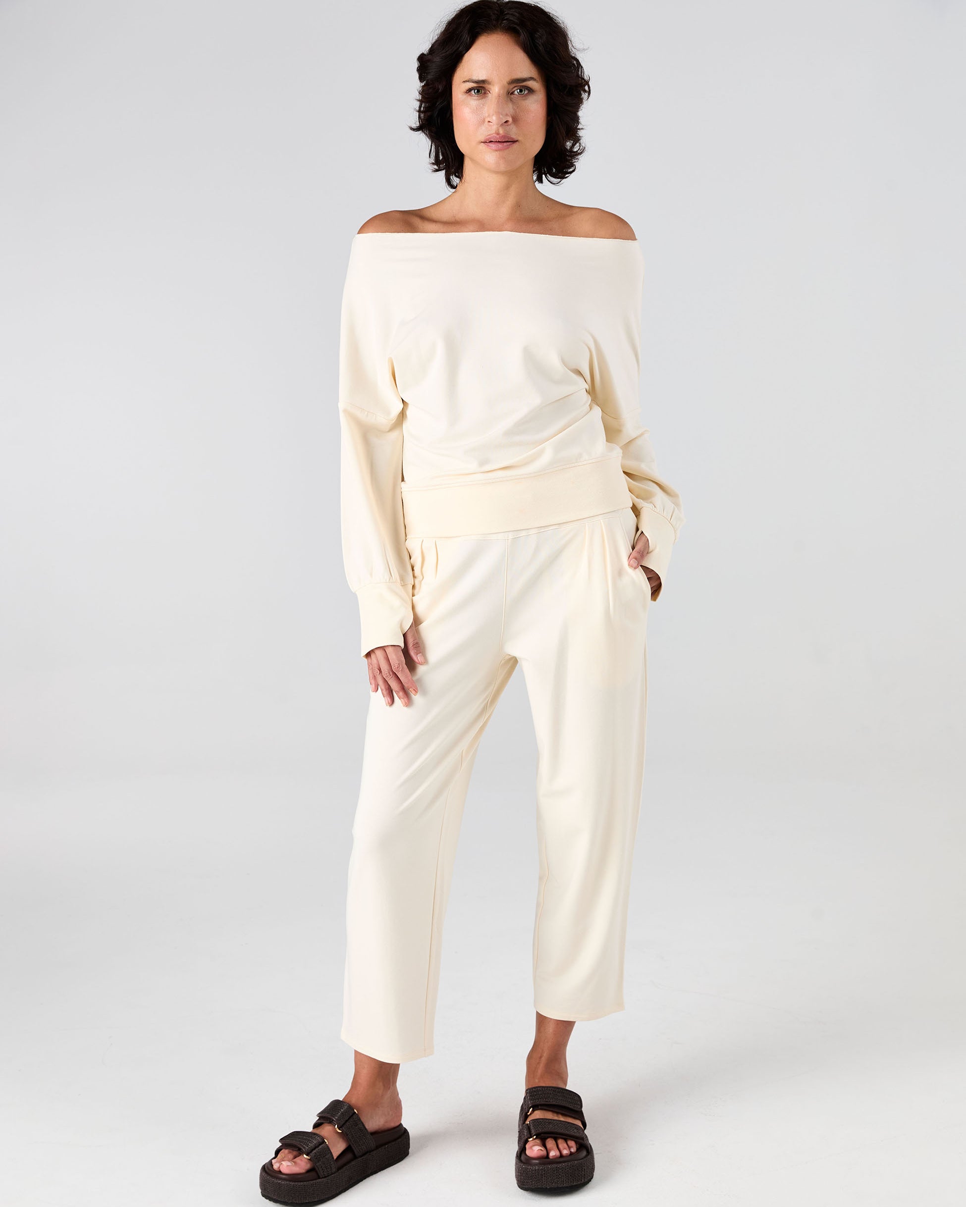 French Terry Off Shoulder Sweatshirt - Winter White