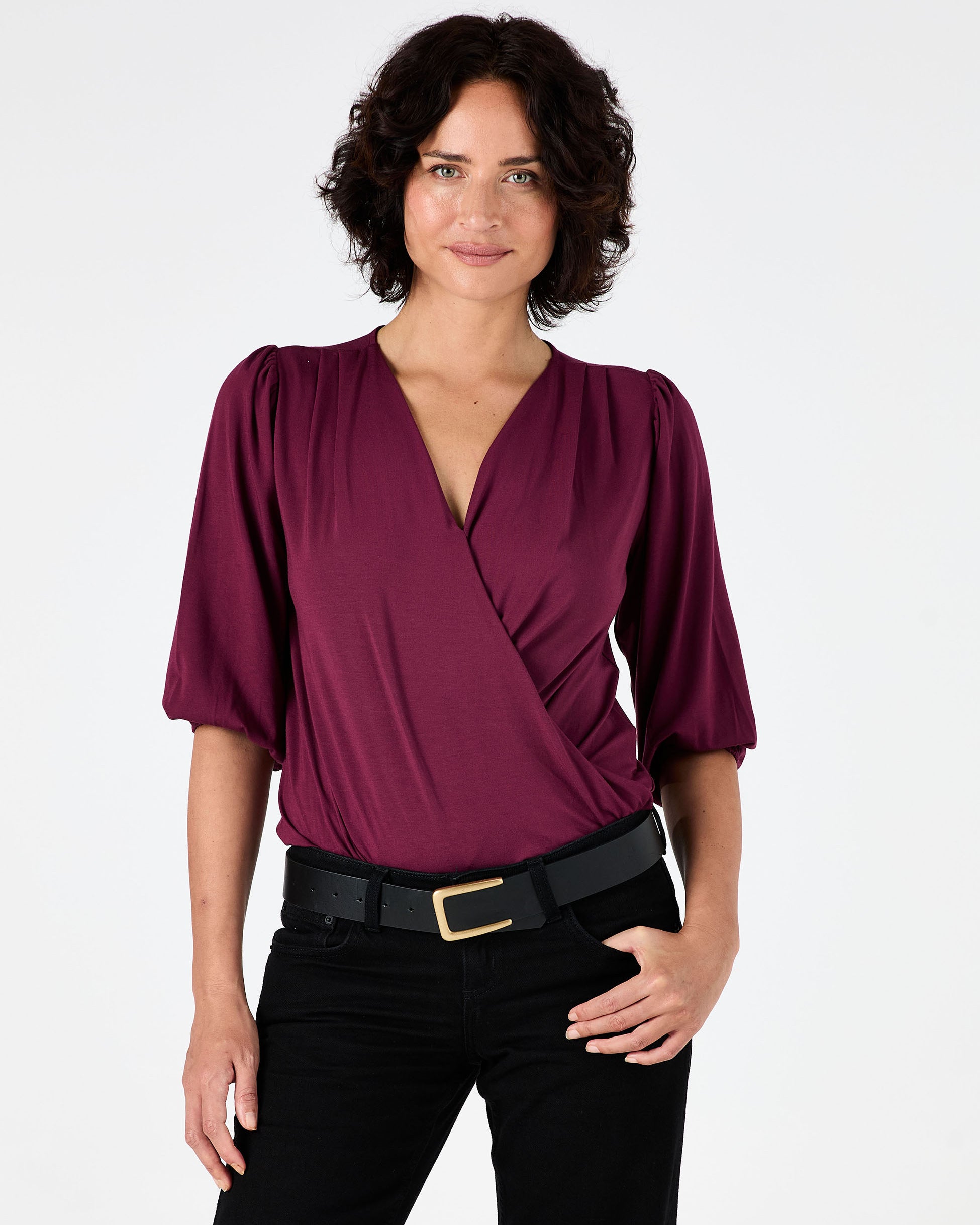 Athena 7/8 Sleeve Drape Top - Ruby