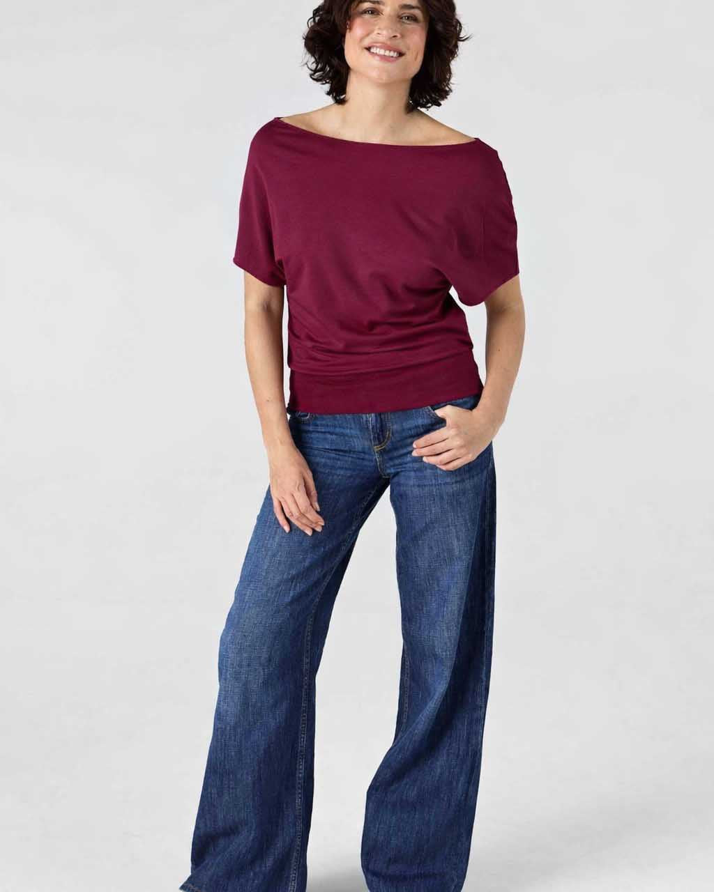 French Terry Short sleeve Off Shoulder Sweatshirt - Ruby