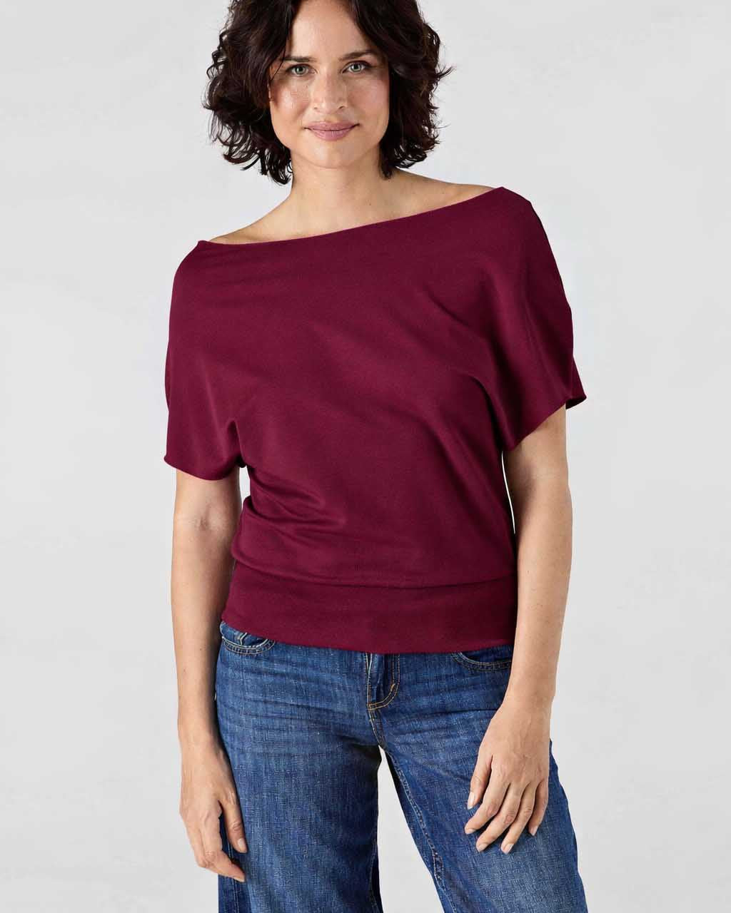 French Terry Short sleeve Off Shoulder Sweatshirt - Ruby