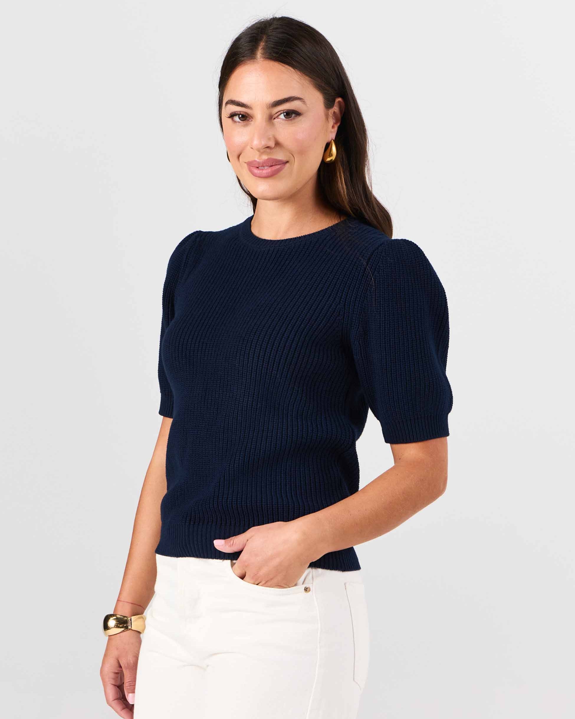 Claire Cotton Knit Top - Navy