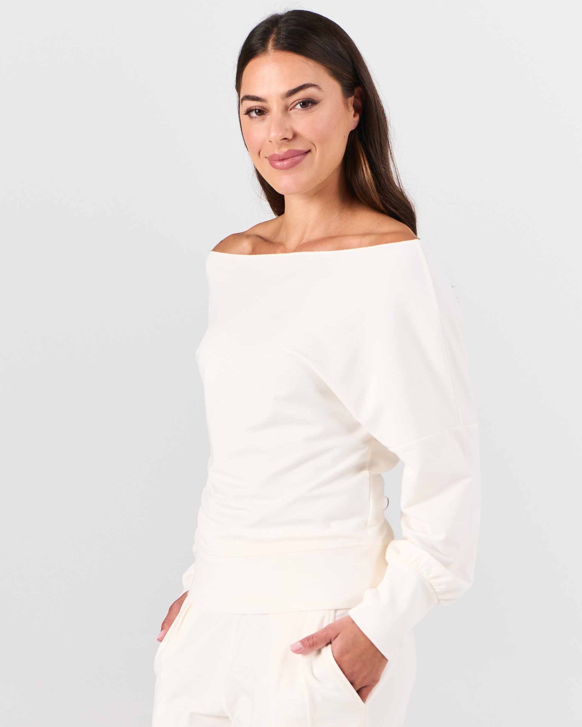 French Terry Off Shoulder Sweatshirt - Soft White