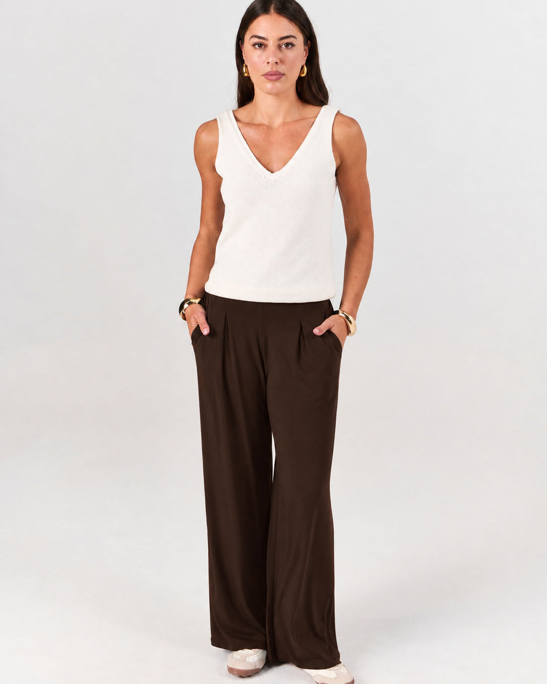 Pleat Front Wide Leg Pants - Coffee Bean