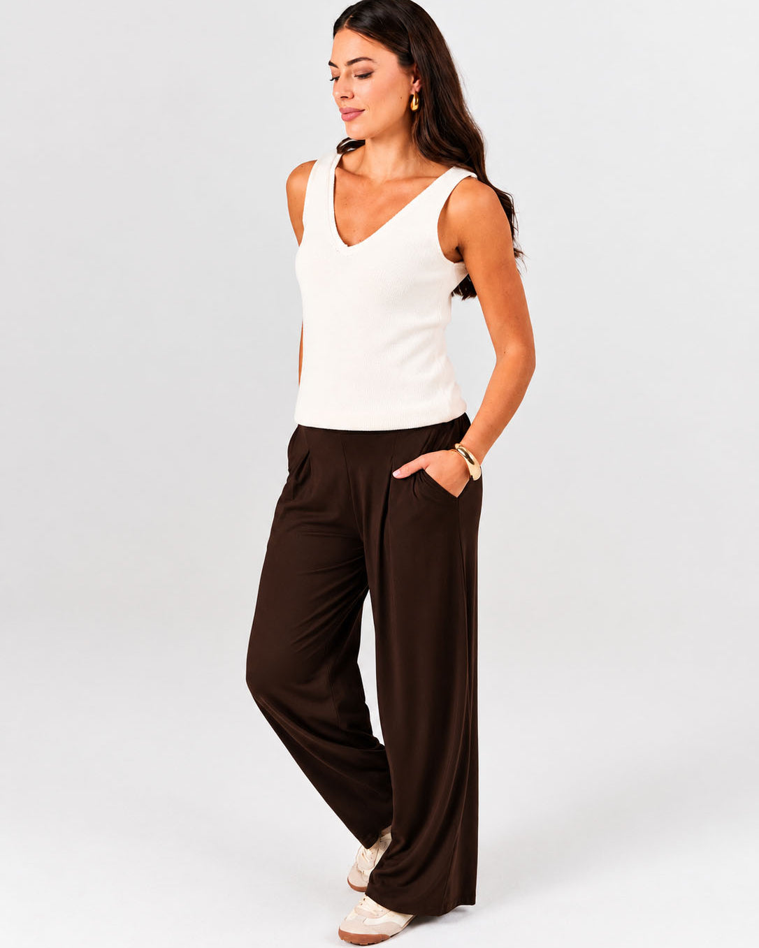 Pleat Front Wide Leg Pants - Coffee Bean