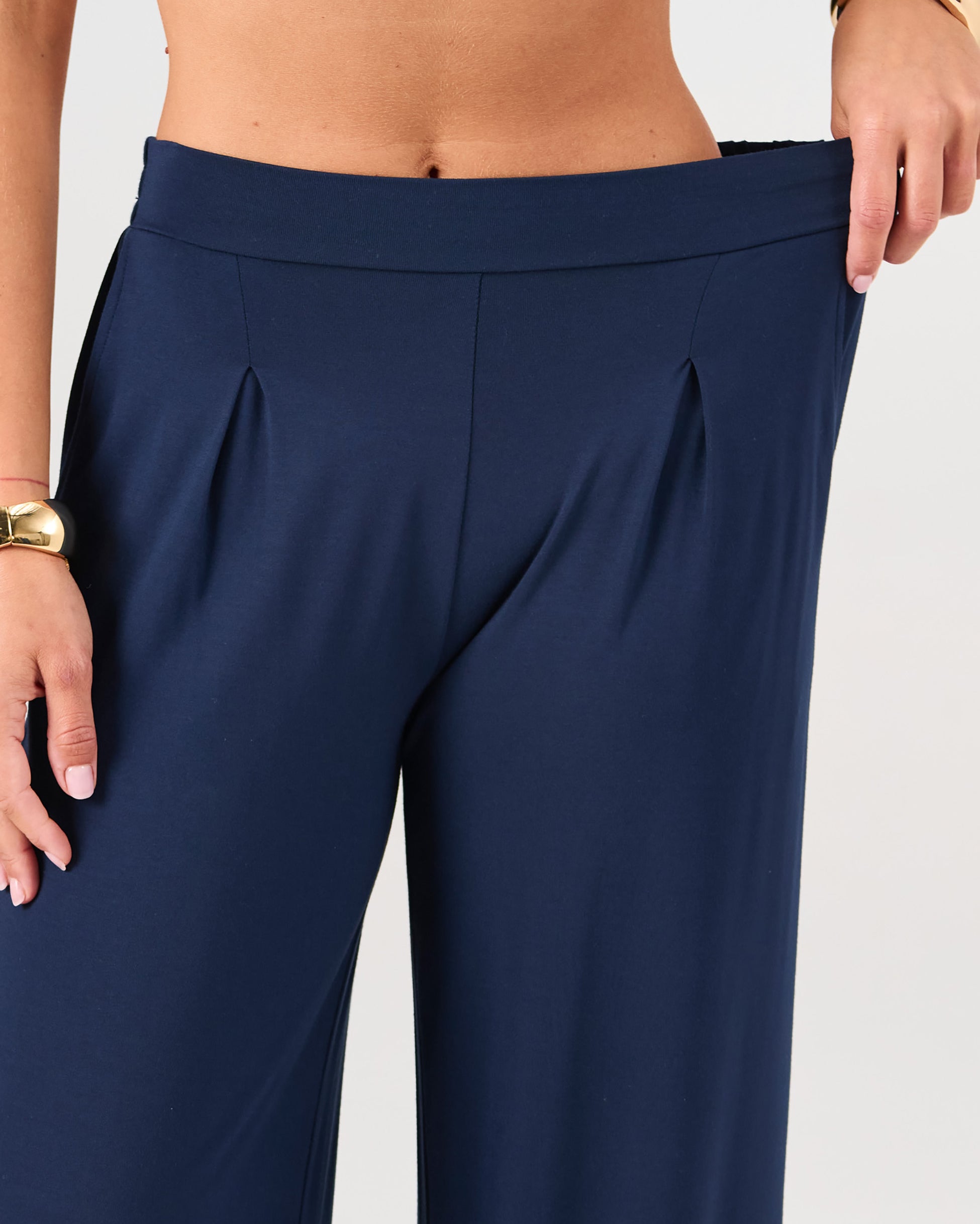 Pleat Front Wide Leg Pants - Navy
