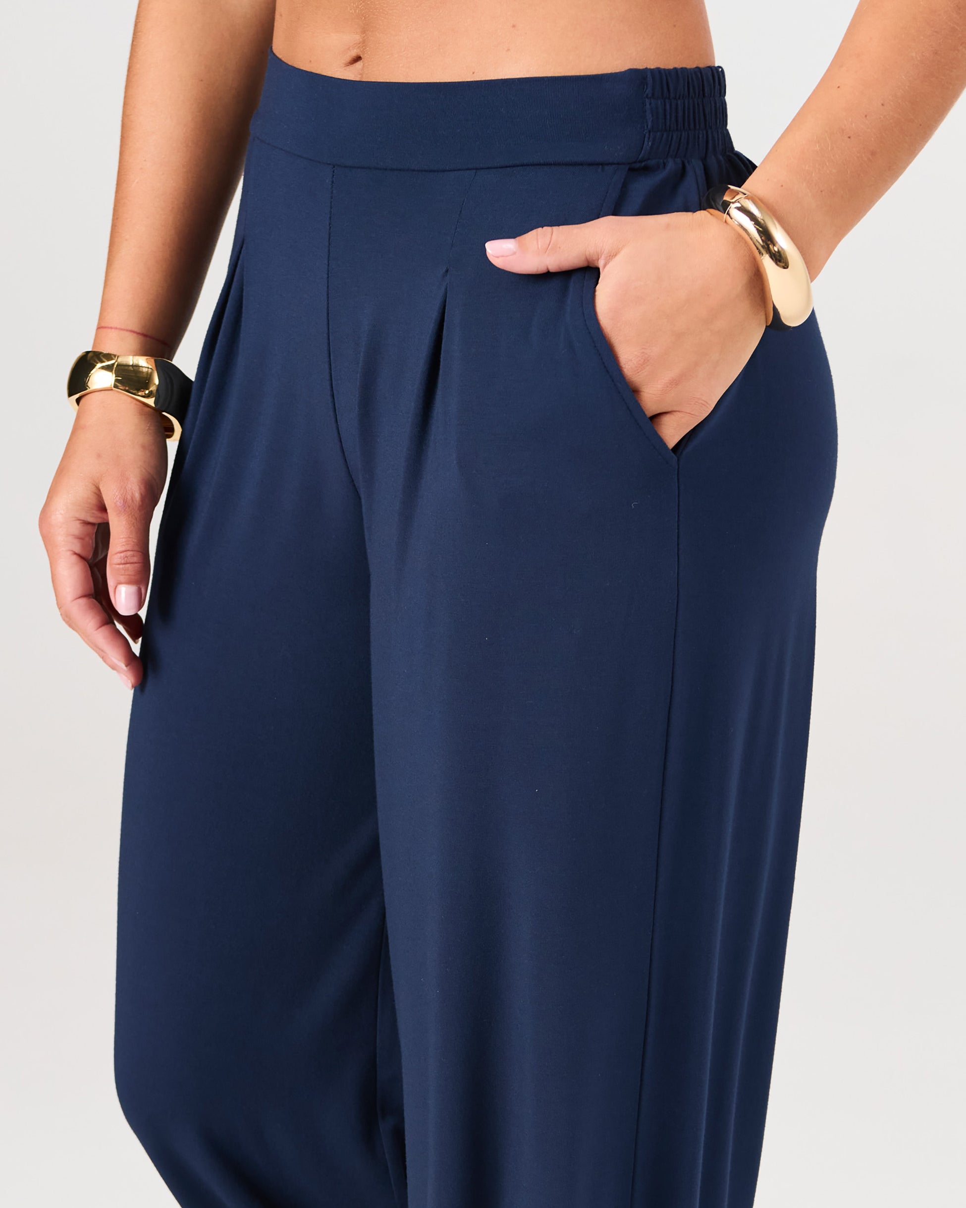 Pleat Front Wide Leg Pants - Navy