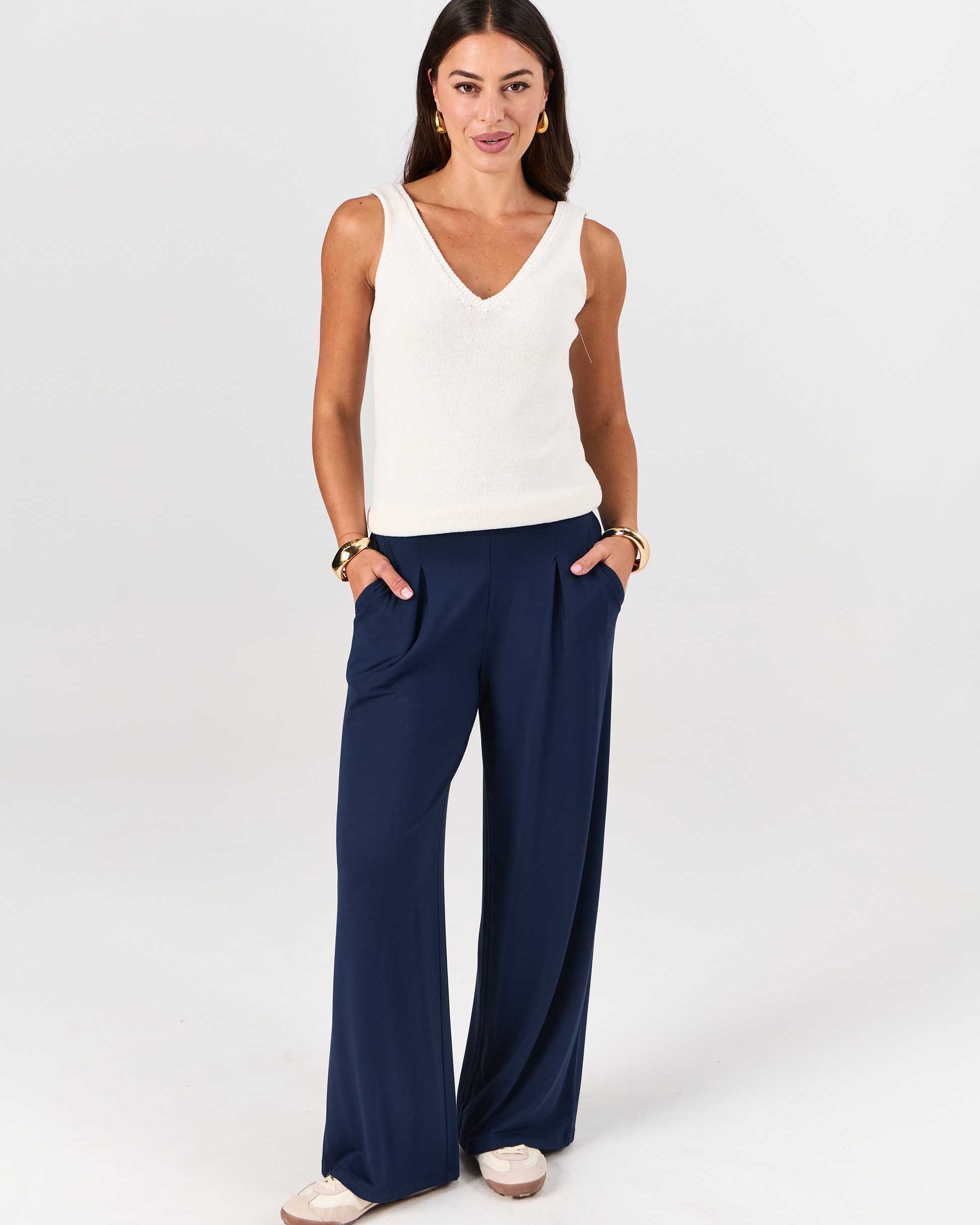 Pleat Front Wide Leg Pants - Navy