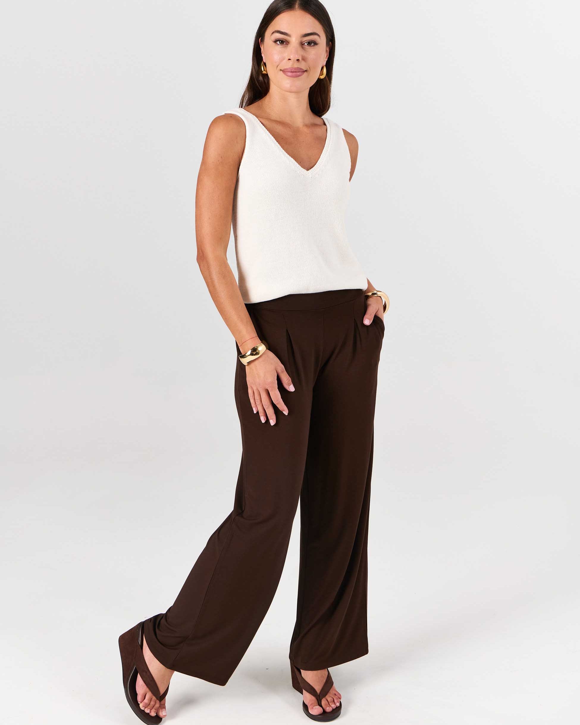Pleat Front Wide Leg Pants - Coffee Bean