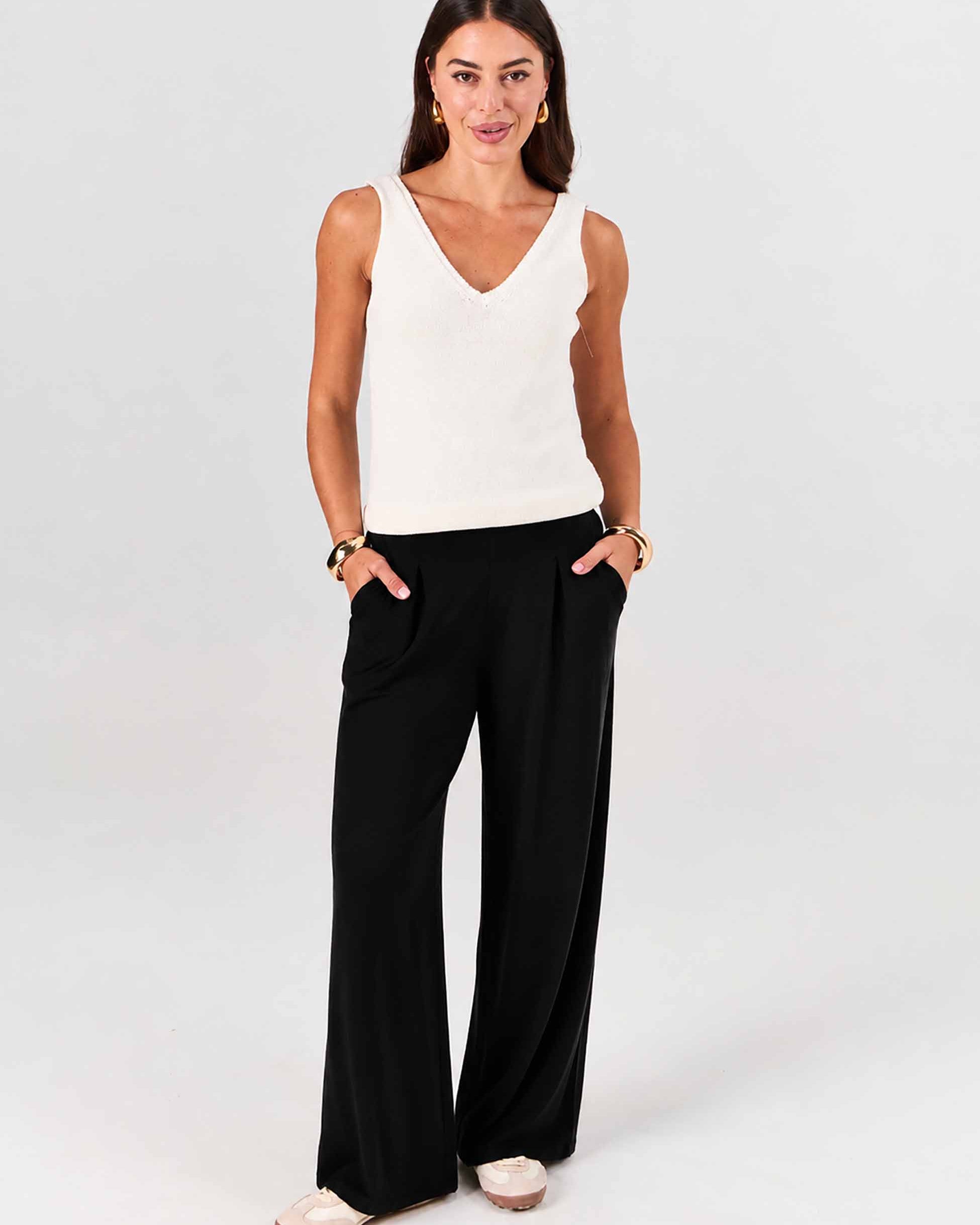 Pleat Front Wide Leg Pants - Black