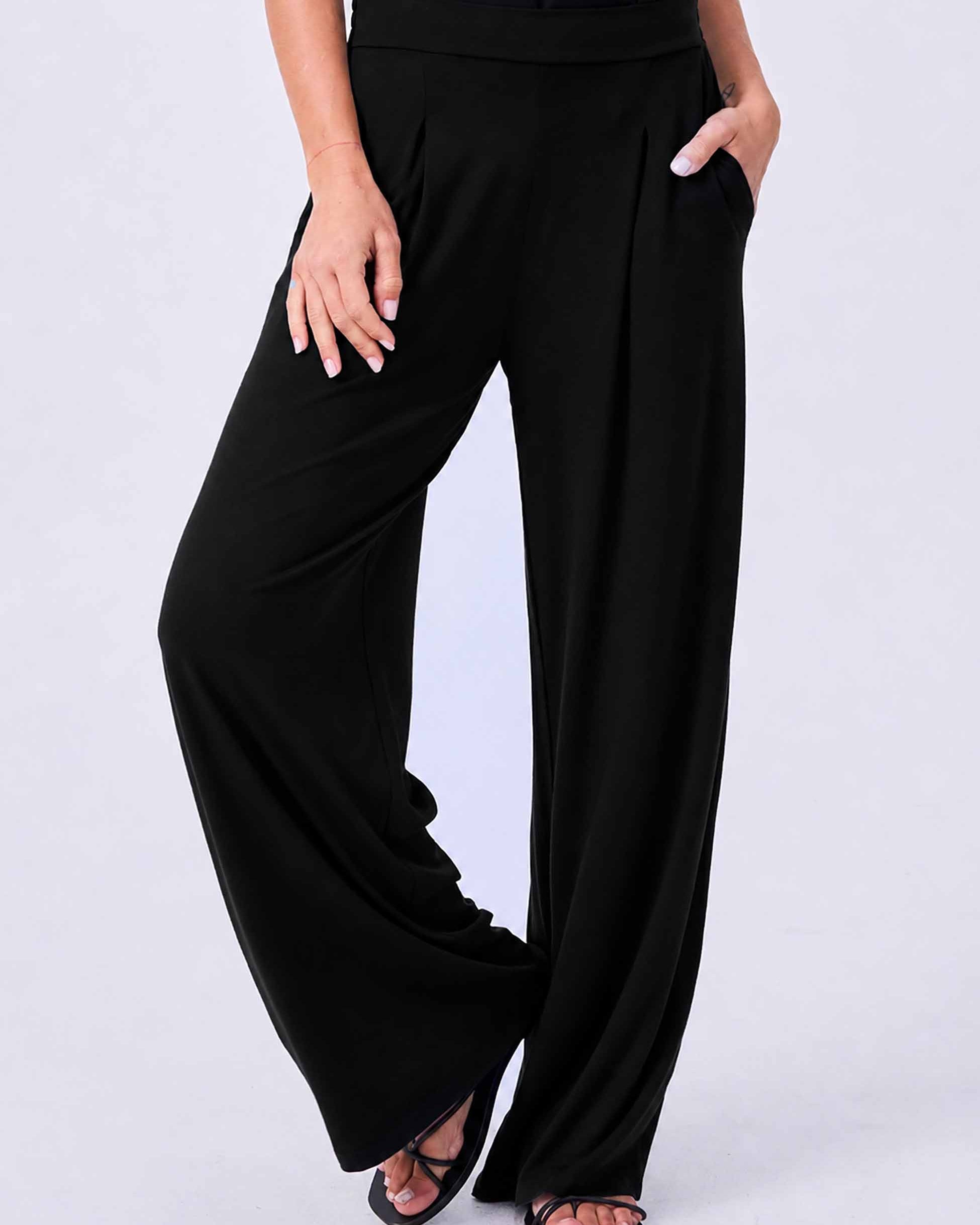 Pleat Front Wide Leg Pants - Black