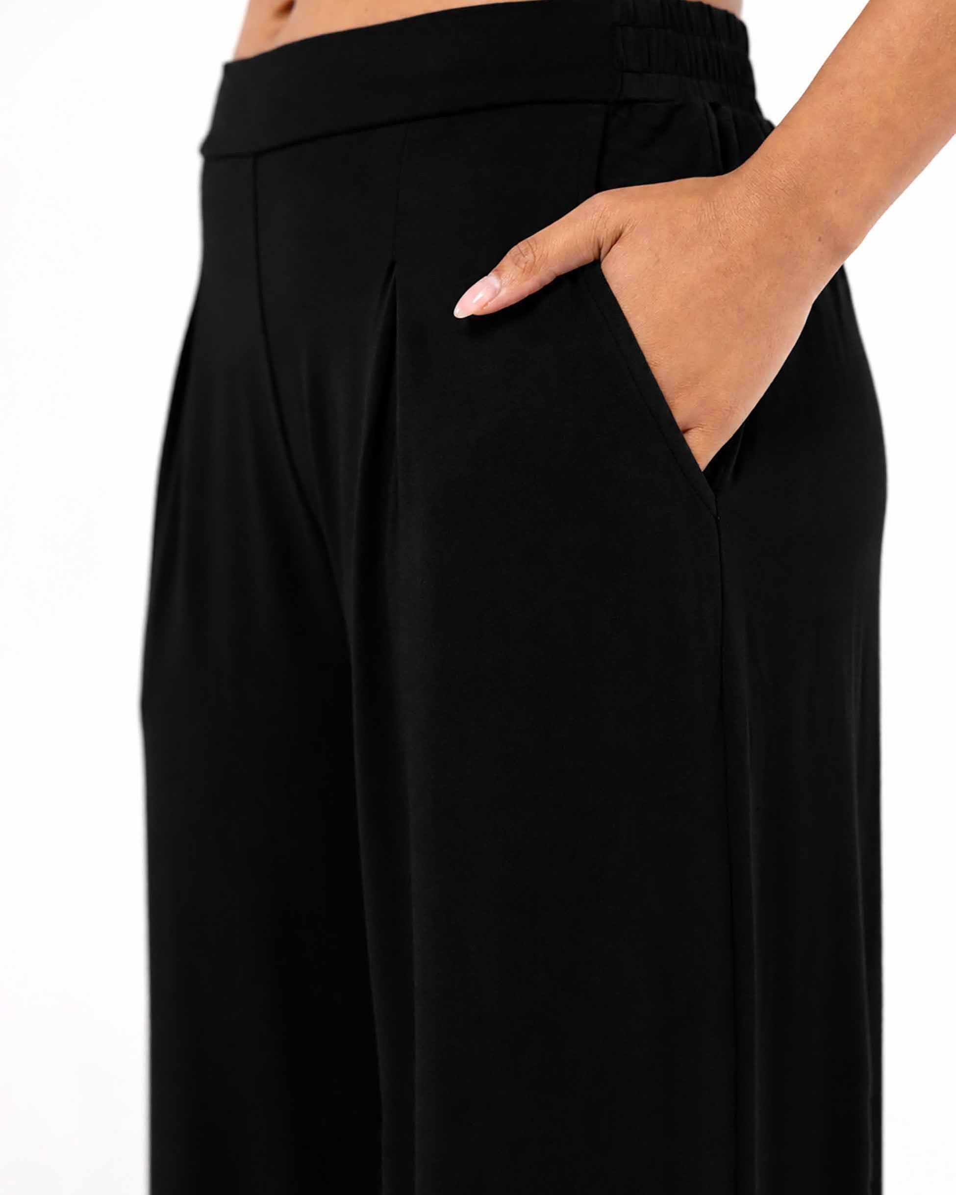 Pleat Front Wide Leg Pants - Black