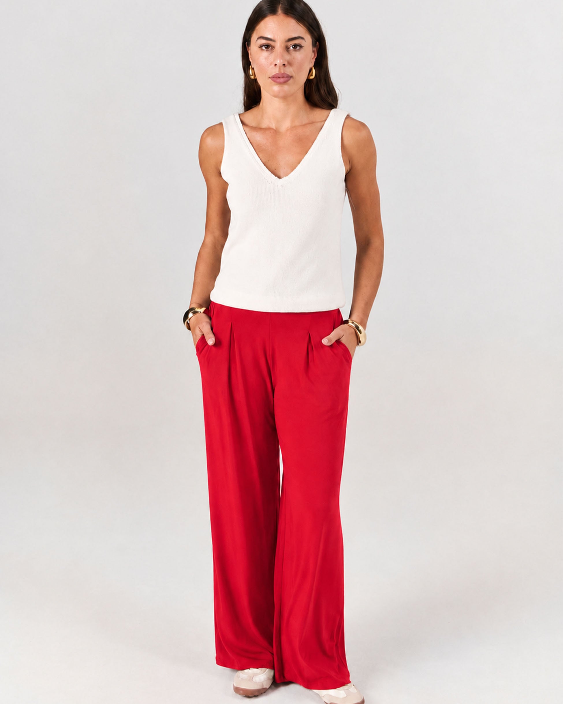 Pleat Front Wide Leg Pants - Cherry