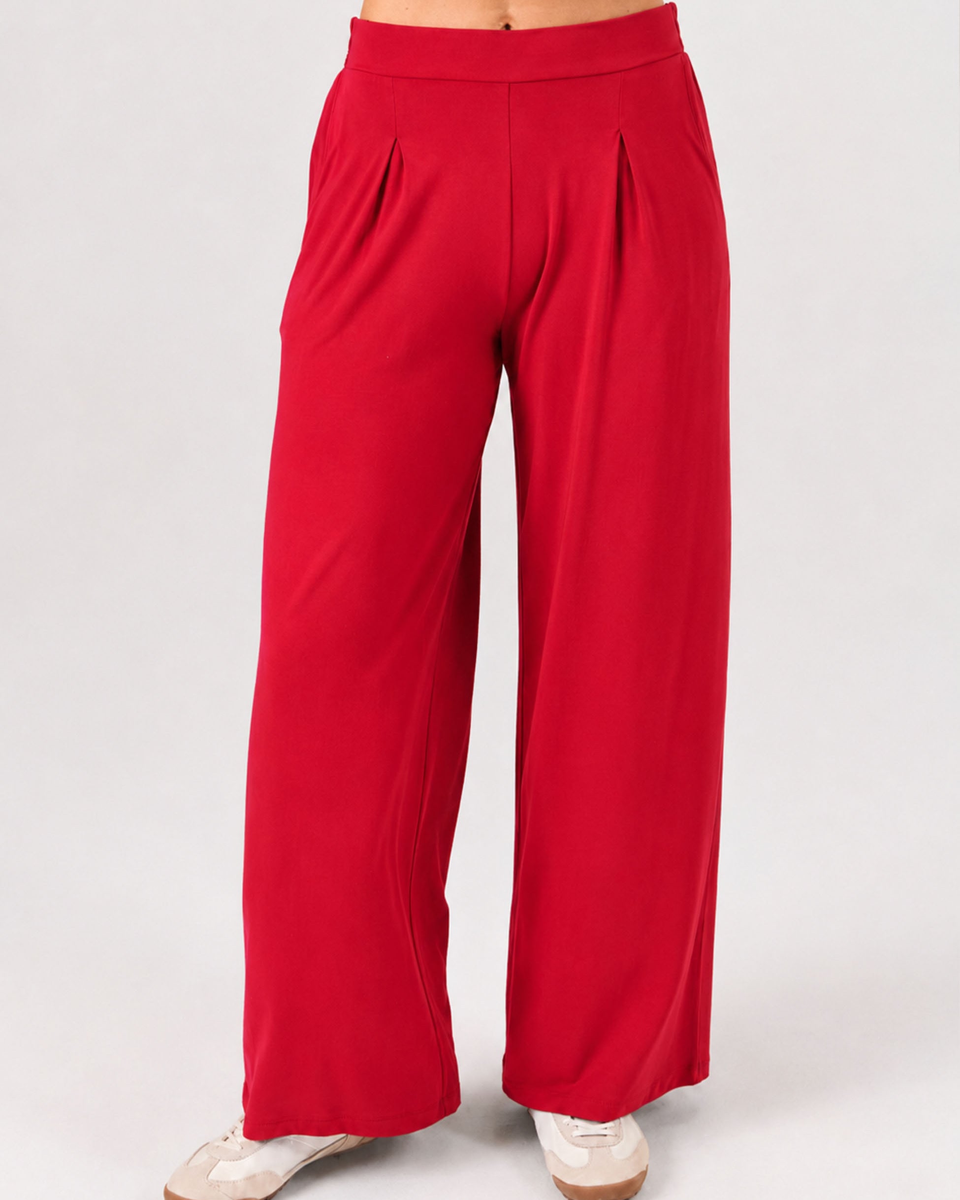 Pleat Front Wide Leg Pants - Cherry