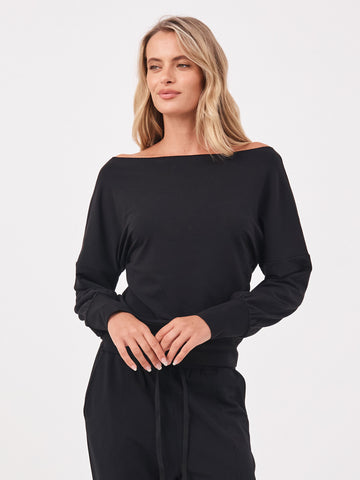 French Terry Off Shoulder Sweatshirt - Black