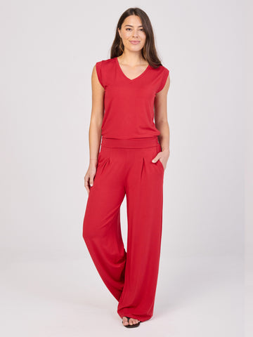 Pleat  Front Wide Leg Pants - Cherry