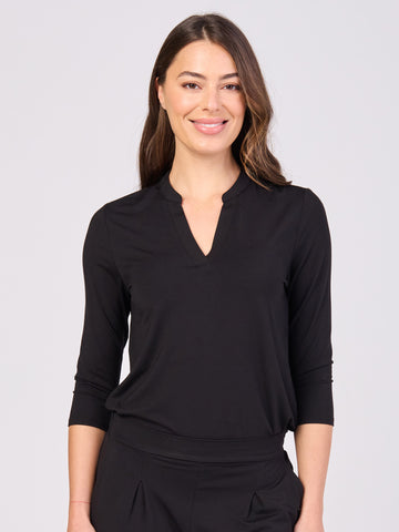 7/8 sleeve Nero Placket Tee- Black