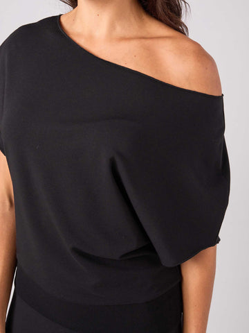French Terry Short Sleeve Off Shoulder Sweatshirt  - Black