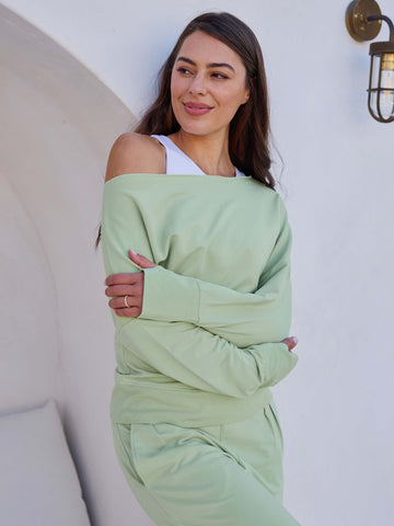 French Terry Off Shoulder Sweatshirt  - Matcha Green