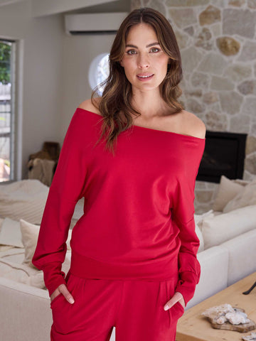 French Terry Off Shoulder Sweatshirt  - Cherry