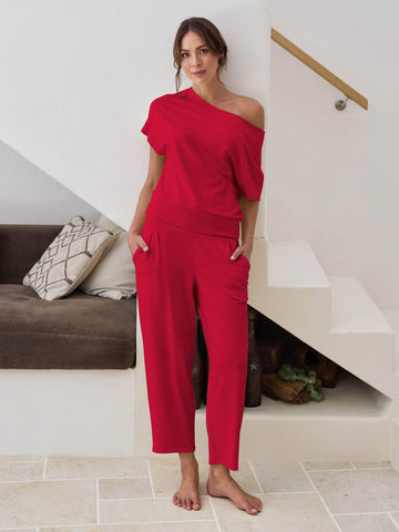 French Terry Short sleeve Off Shoulder Sweatshirt  - Cherry