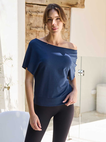 French Terry Short Sleeve Off Shoulder Sweatshirt  - Navy