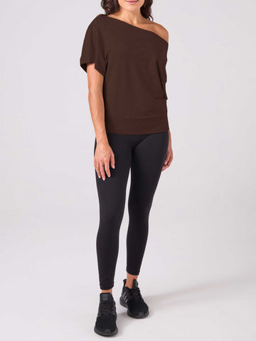 French Terry Short Sleeve Off Shoulder Sweatshirt  - Coffee Bean