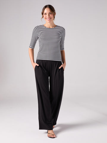 Stripe 7/8 Sleeve Crew Top  - Black