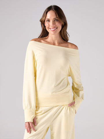French Terry Off Shoulder Sweatshirt - Pastel Yellow