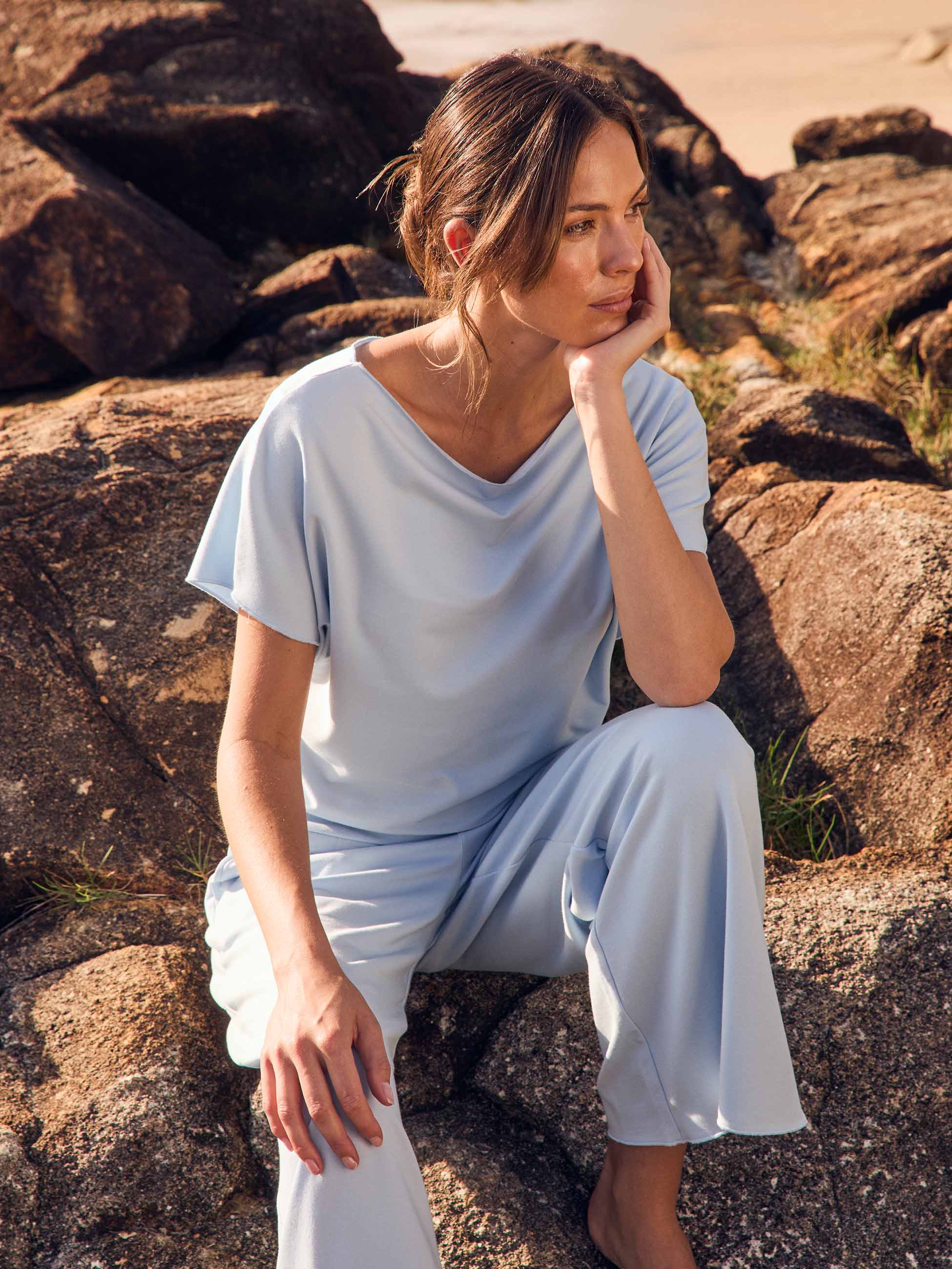 French Terry Short Sleeve Off Shoulder Sweatshirt  - Cashmere Blue