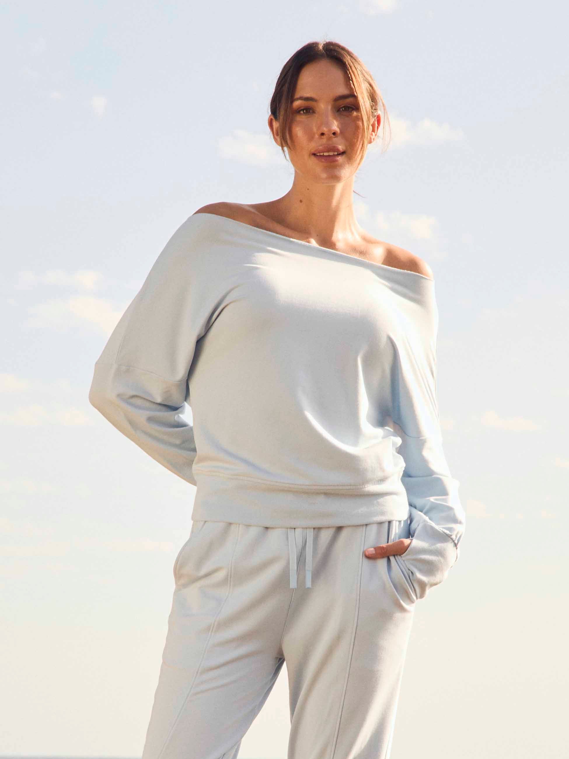 French Terry Off Shoulder Sweatshirt - Cashmere Blue