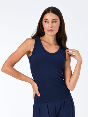 V neck Rib Tank - Navy