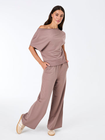 French Terry Short Sleeve Off Shoulder Sweatshirt  - Taupe