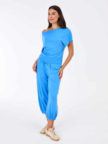 French Terry Short Sleeve Off Shoulder Sweatshirt  - Cobalt