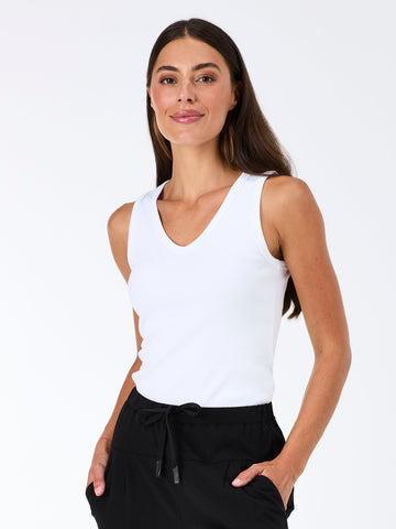 V neck Rib Tank - White